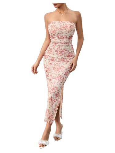 Image of Milumia Women's 2026 Summer Floral Bodycon Maxi Dress Strapless Tube Top Long Dresses Wedding Guest Party