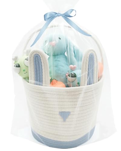 ZWHTB Large Woven Easter Baskets for Boys & Kids - Empty Basket with Gift Bags and Ribbons Cute Easter Decorations Bunny Ears Designs Blue