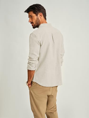 PJ PAUL JONES Men's Linen Shirts Lightweight Button Down Shirt Cotton Blend Long Sleeve Work Shirts with Pocket Apricot S