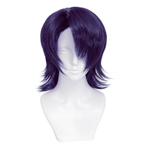 kelagoo Fashion Mens Short Straight Wig Purple Cosplay Wig for Halloween Costume Christma Anime Wigs For Women Left Side Synthetic Hair
