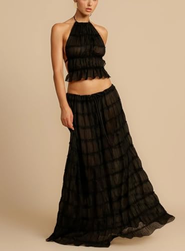 Two Piece Maxi Skirt Sets for Women Summer Beach Sleeveless Cropped Ruffle Long Skirt Matching Set Boho 2 Piece Outfits3