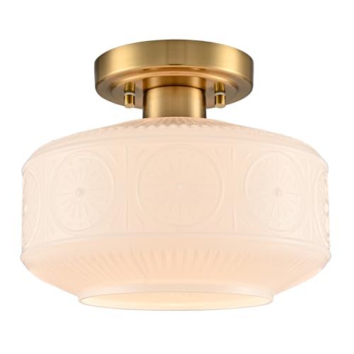 Image of DAYCENT Semi Flush Mount Ceiling Light Gold Modern Ceiling Lighting 9-Inch Vintage Globe Milk White Glass Hallway Light Fixtures Hardwired Small Brass Flush Mount Light for Bathroom Porch Entryway