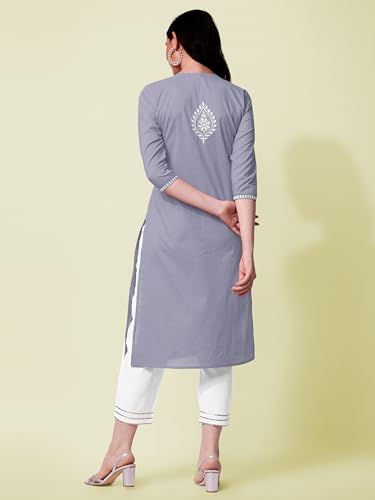 Image of MIRCHI FASHION Pure Cotton Lucknowi Chikankari Embroidered Kurta Set | Straight Fit Kurta Pant Outfit | Ethnic Office Wear & Daily Style 2 Piece Collection