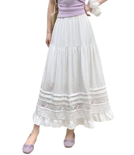 Women Lace Spliced Midi Cake Skirts Summer Loose Preppy Style Big Swing Umbrella Skirt