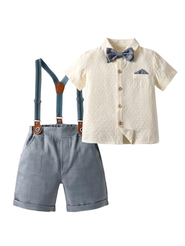 Image of SANGTREE Baby Shorts Dress Clothes Set, T-Shirt + Bowtie + Suspender Shorts Outfit, 3 Months - 14 Years