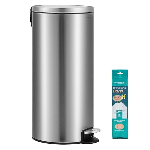 SONGMICS Poubelle 30 L, Rond, avec 15 Sacs Poubelles, Pédales en Métal, Seau Amovible en Plastique, Poignée, Couvercle à Fermeture en Douceur, en Acier...