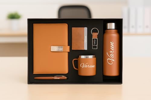 Image of YOUR GIFT STUDIO Customized Diary Gift Set | Personalised Diary, Card Holder, Keychian, Pen, Stainless Steel Mug and 750ml Bottle Personalized Gift for Birthday, Anniversary and Corporate (Tan)