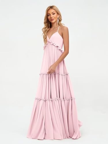 Women's Tiered Long Bridesmaid Dresses Spaghetti Straps V-Neck Chifon Formal Evening Dress with Pocket3