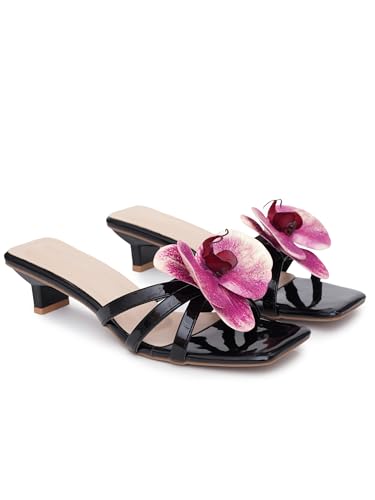 Image of TRYME Floral Embellished Slip-On Kitten Heel Sandals for Women & Girls|Comfortable Light Weight Open Toe Sandals