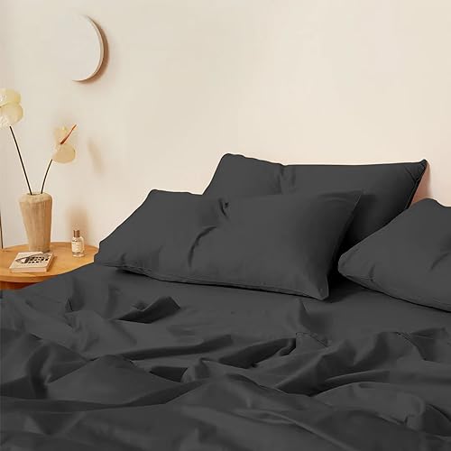 Kotton Culture Juego de sábanas de algodón Egipcio de 4 Piezas (sábana Bajera, sábana encimera, 2 Fundas de Almohada) sábanas Suaves de 600 Hilos con Bolsillo Profundo, Ropa de Cama Gris Oscuro