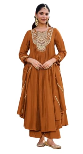 Image of Nermosa Women Embroidery Solid Anarkali Kurta and Pant Set with Dupatta