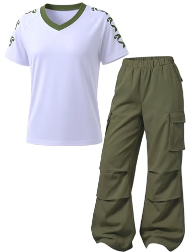 Auiopila Girls Clothes 2-Piece Bow V-Neck Top & Cargo Pants Trendy Party/Casual Outfit for Girls 6-14Y