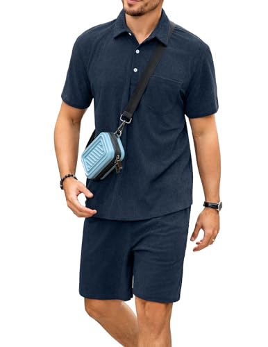 Image of ZAFUL Men's 2 Pieces Sets Outfits Summer Beach Set Short Sleeve Button Down Zip Up Shirt And Short Sets