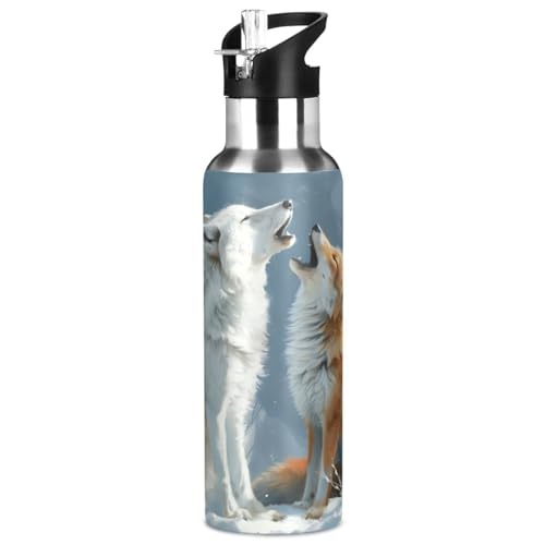 ALAZA Arctic Wolf and Fox Water Bottle with Straw Lid Vacuum Insulated Stainless Steel Thermo Flask Water Bottle 20oz