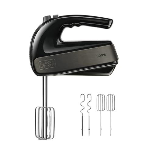 BLACK+DECKER - Batteur Électrique 500W | 5 Vitesses + Turbo | Fouets & Crochets en Inox | Design Ergonomique | Accessoires Amovibles | Finition Inox...