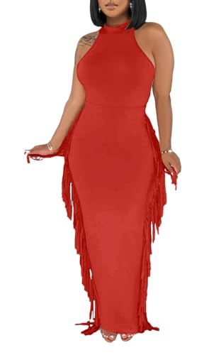 Image of 2 Piece Outfits for Women Sexy Halter Neck Sleeveless Crop Tops Ruched Bodycon Dresses Jumpsuits Fringe Skirt Sets