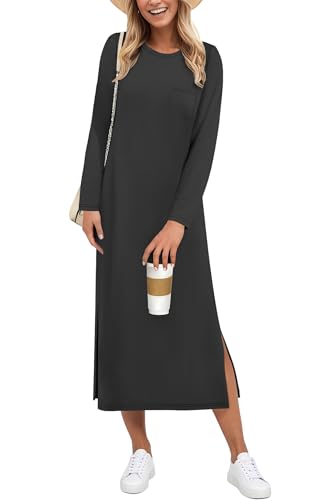 AUSELILY Kleid Langarm Damen - Kleid Schwarz Damen Maxi Midi Kleidr - Rundhals Herbst Winterkleid 2XL
