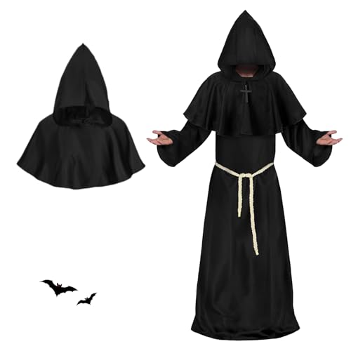JWDMHSJ Mönch robe kostüm, mönch kostüm mit Kapuze, Kordel und Kreuz, herren kapuze mönch robe, Männer Prister Gewand Kostüm, schwarze mönch robe für Mottoparty, Halloween, Karneval und Fasching (L)