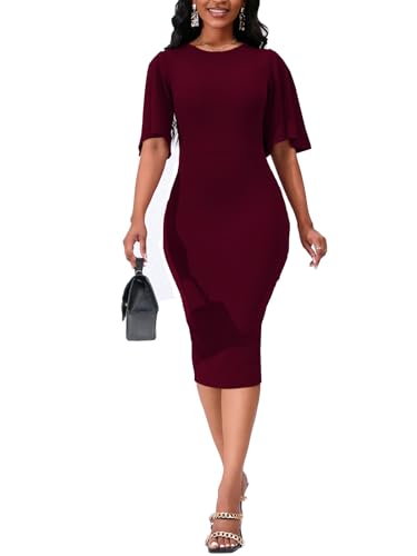 Image of WanMem Womens Basic Bodycon Ruffle Flared Short Sleeve Pencil Midi Dress