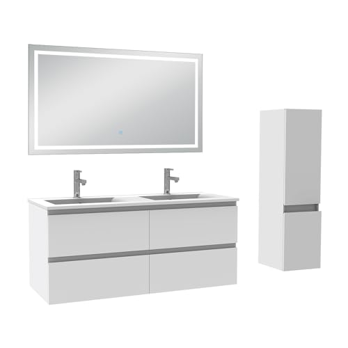 AICA Ensemble Meuble Salle de Bain 120cm Double Vasque avec Colonne et Miroir 3 Couleurs Blanc