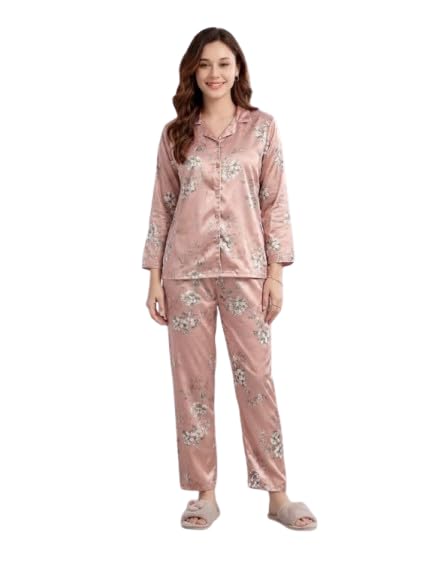 Women's Printed Satin Night Suit Set | Long Sleeve Button Down Shirt & Full Length Pyjama Pants | Soft Italian Satin Loungewear Co-Ord Set | Comfortable Sleepwear & Nightwear for Women-picture-10