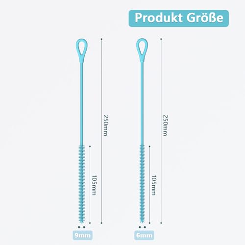 Silikon Strohhalm Bürste, 2 Stück Wiederverwendbare Strohhalmbürsten für Glas Strohhalm, Metall Strohhalm, Smoothie Strohhalme und Trinkbecher, Biegsamer, Rutschfester Griff, 6mm+9mm, Blau