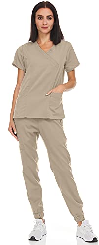 MediChic Scrubs for Women Anti-Wrinkle Stretch V-Neck Jogger Scrubs Set, Available in Over 12 Colors