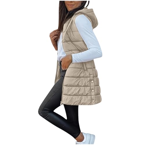 OVARA Womens's Qulited Gilet Longline Full Zip Hooded Padded Vest Outdoor Thermal Long Puffer Gilets Ladies Body Warmer Sleeveless Winter Jacket with Pockets