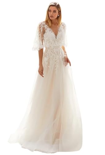 Dexinyuan Romantic Lace Wedding Dresses for Bride 2025 Half Sleeve Tulle A Line Beach Bohemian Bridal Gowns for Women