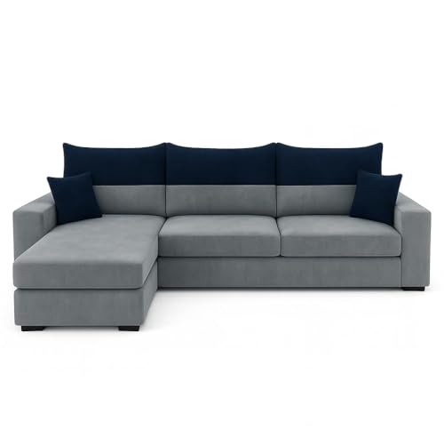 Image of FURNY Premium Huster 4 Seater Fabric LHS L Shape Sofa Set for Living Room | with Velvet Fabric in Dark Blue & Light Grey Color | Durable Comfort | Modern Design