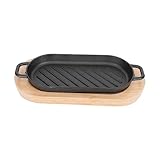 HOLIDYOYO Gusseiserne Steakplatte Mit Holzbrett Rechteckige Teppanyaki Grillplatte Für Steak Fisch Und EEL Langlebig Für Gasgrill Und Familienfeiern