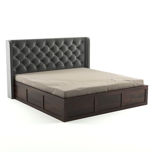 Image of Solid Sheesham Wood King Size Bed with Storage | Wooden Double Bed Cot Bed with Box Storage & Velvet Upholstered Cushioned Headboard for Bedroom (Walnut C, King)