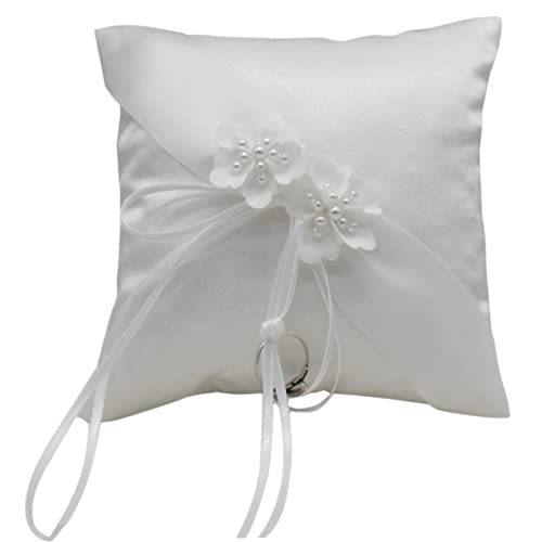 Unomor Wedding Ring Pillow with Pearls and Ribbons Elegant Cushion for Engagement and Ceremony Wedding for Brides and Grooms