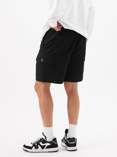 Image of The Souled Store Solids: Deep Black Men and Boys Cotton Blend Knee Length Cargo Shorts