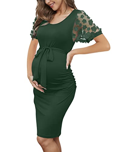 Floral Mesh Bishop Short Sleeve Maternity Midi Dress, Summer Maternity Bodycon Dress for Baby Shower
