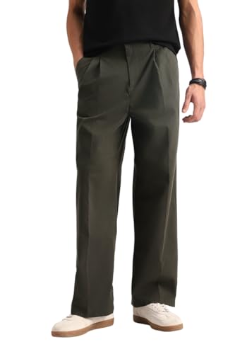 SNITCH Men Casual Wear Trousers | Baggy Fit Wide-Leg Pleated Fron...