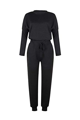 PRETTYGARDEN Women’s Fashion Solid Color Two Piece Outfit Long Sleeve Crewneck Pullover Tops And Long Pants Sweatsuits Tracksuits (Black, Large)