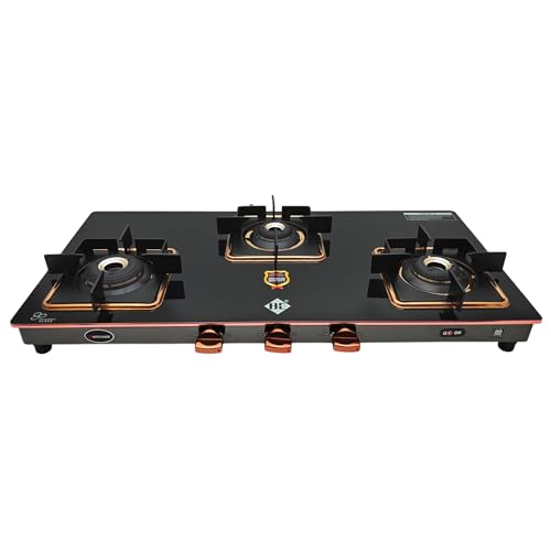 Image of Unicook Dollar Astra 3 Burner Gas Stove | Manual Ignition | 6mm Glass Stove | Forged Brass Burner | ISI Certified | Glass Cooktop | 3 Years Manufacturer Warranty