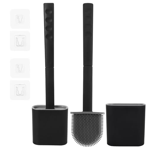 Rainberg Silicone Toilet Brush and Holder Set, 2 Pack, with No-Slip Long Handle, Soft Flexible Bristles, Anti-Drip Base, Wall Mounted (Black & Grey)