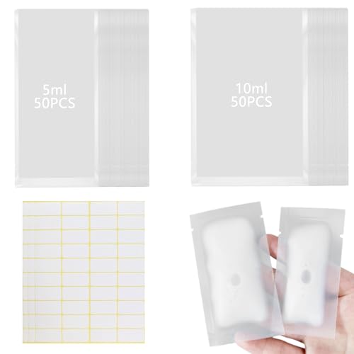 熱圧着 パウチ 小分け100枚 5ml/10ml パウチ容器 トラベルボトル シャンプー 詰め替えボトル 化粧水 乳液 クリーム サンスクリーン ラベル付で 収納 漏れ防止 袋入り 個包装 使い捨て 出張 旅行 便利グッズ 透明 密封 コンパクト 機内持ち込み可能 携帯易い (5ml/10ml)