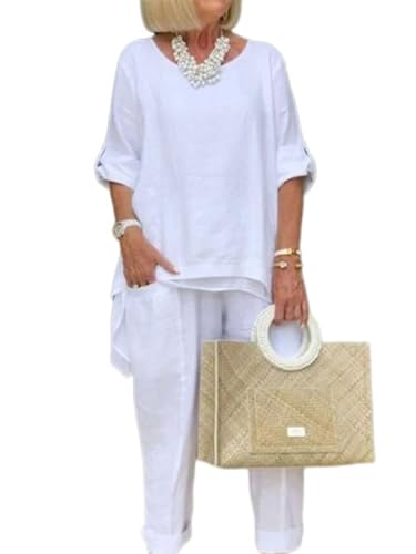 Linen Pant Suits for Women Plus Size 2 Piece Set Outfit Casual Crew Neck Long Sleeve Top Wide Leg Pants Set
