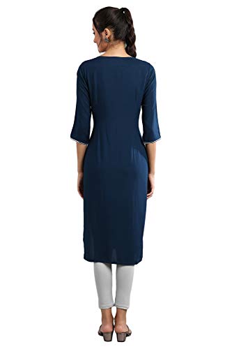 Image of Aurelia Women Navy Blue Embroidered Kurta in Round Neckline