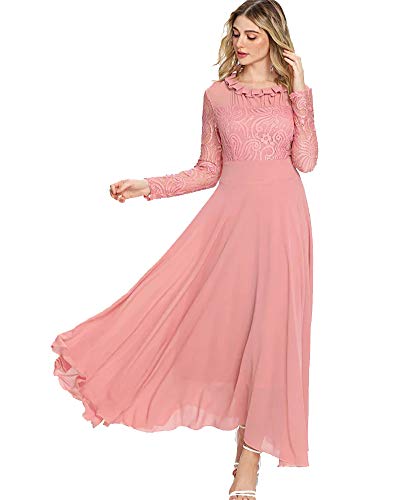 Aofur Women's Long Sleeve Chiffon Maxi Dresses Casual Floral Lace Evening Cocktail Party Long Dress (Medium, Light Pink)