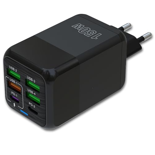 Cargador de 150W con 6 Puertos Conectividad 2 Tipo C y 4 Tipo A + Carga Rápida QC 3.0 - Compatible con Dispositivos iPhone + Samsung + Xiaomi - Certificado CE - Color Negro | 3-Stars