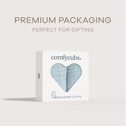 Muslin Burp Cloths 6 Pack Large 100% Cotton Hand Washcloths 6 Layers Extra Absorbent and Soft (Blue)