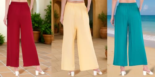 Image of Buy That Trendz Palazzo Pants for Women Rayon Elasticated Regular Fit Flared Wide Leg M to 6XL Pack of 3