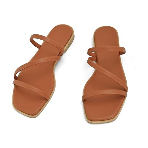 Image of LACUONE Strappy Flat Sandals For Women Slip On Square Open Toe Slides Sandals