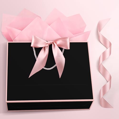 Image of JMANNI Gift Bags with Handles, 13 inch Medium Gift Bag for Presents, 1 Pcs Bags with 2 Tissue Paper and 1 Cards for Baby Shower Wedding Bridal Shower Mother's Day Birthday Party (black-pink