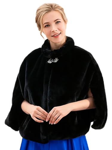 GORAIS Women's Faux Fur Cape and Wraps Bridal Fur Stole Wedding Shawls with Brooch for Bride and Bridesmaids