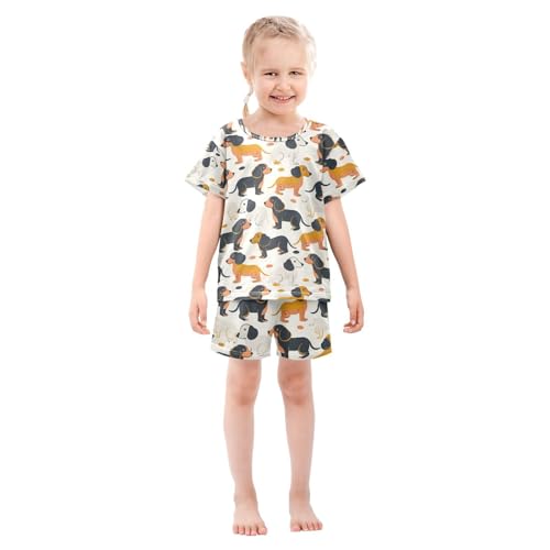 ALAZA Funny Dachshund Dog Yellow Black Pajamas Set Short Sleeve Cotton Sleepwear Summer Pjs 2 Piece 5-14Y3